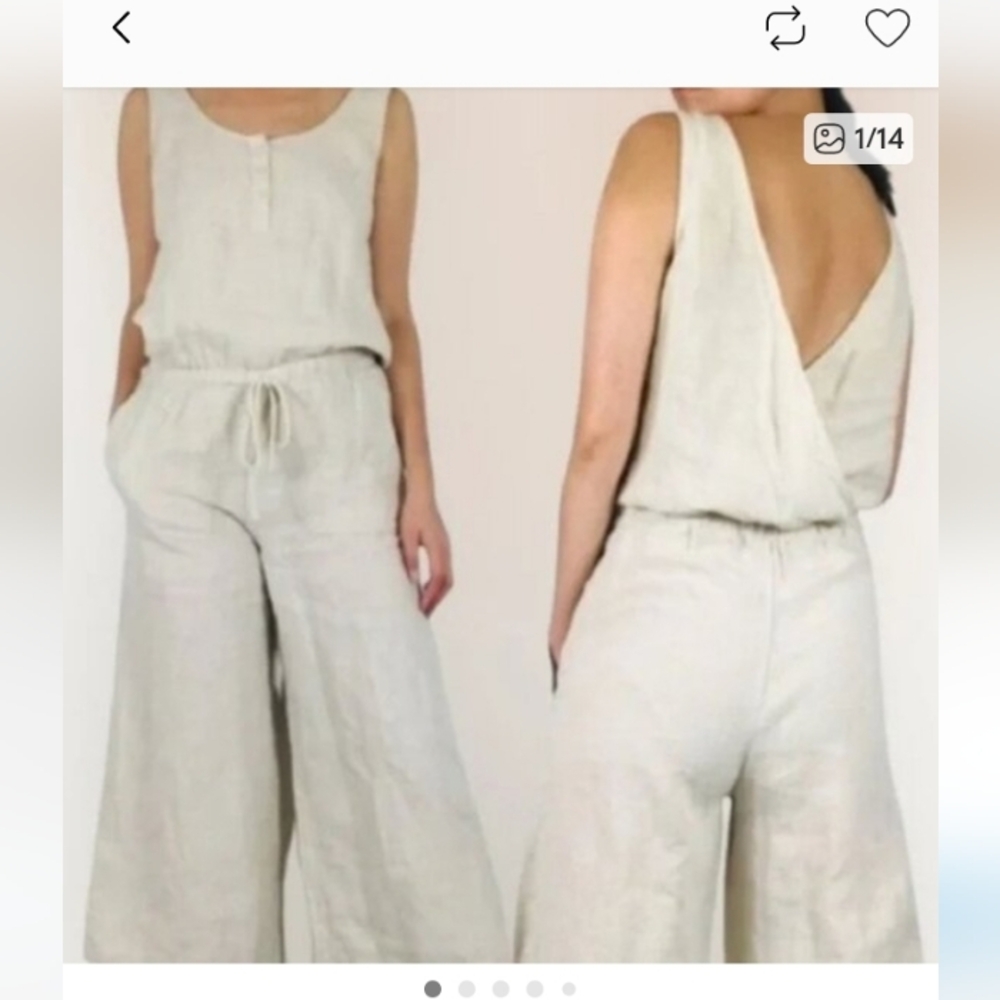 Anthropologie Linen Wide Leg Jumpsuit - Light Tan